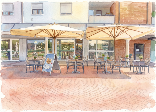 La bottega ad acquerello, con ombrelloni gialli e tavolini. La porta d’ingresso è al centro della facciata.