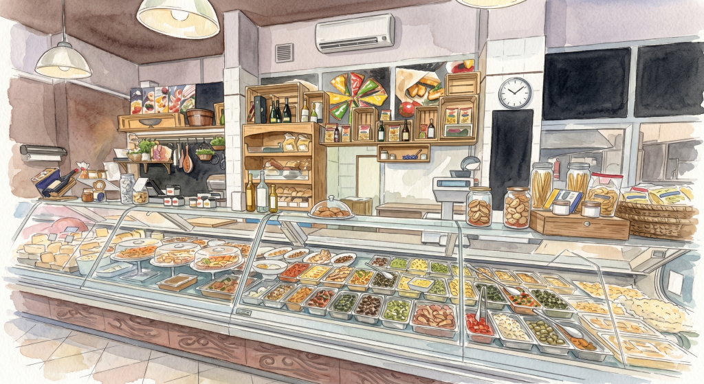 Il banco della gastronomia, il pane e gli scaffali della bottega, dipinti ad acquerello.